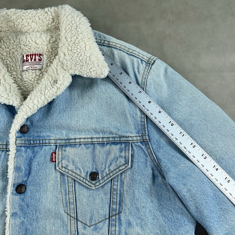 Vintage‎ Levis Denim Jean Jacket Faded Trucker USA Made 42R Sherpa 1987 80s - Picture 13 of 14